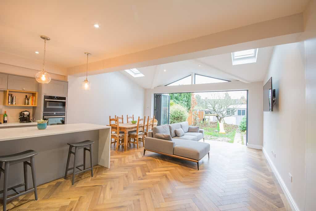 Wide view of the completed Aylward Road open-plan kitchen and living area