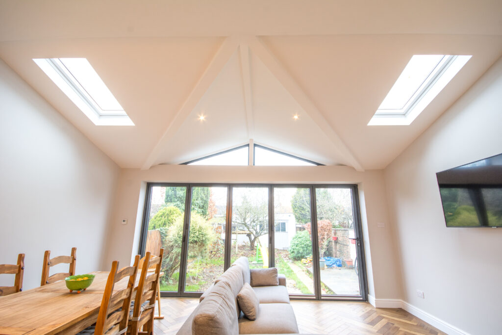 Vaulted ceiling and rooflights bringing natural light into the rear extension