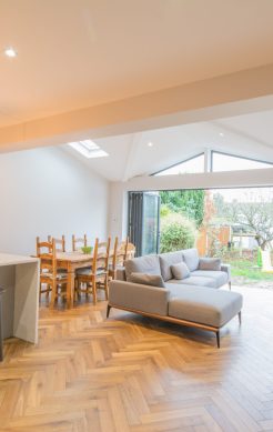 Wide view of the completed Aylward Road open-plan kitchen and living area