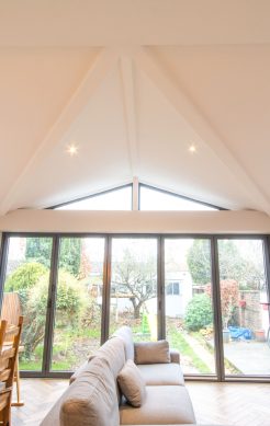 Vaulted ceiling and rooflights bringing natural light into the rear extension